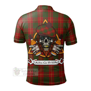 Cameron Tartan Polo Shirt with Family Crest and Bearded Skull Holding Bottles of Whiskey