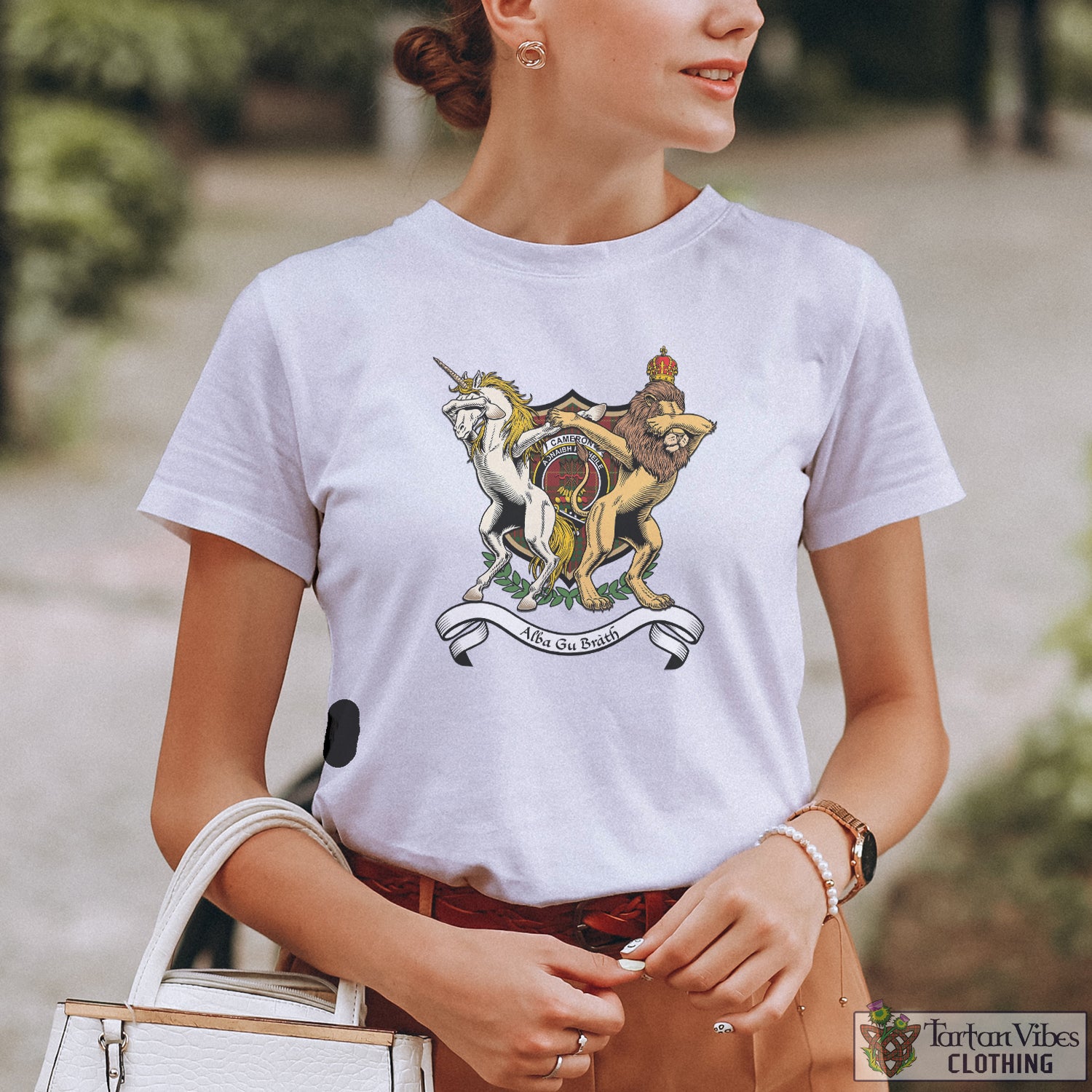 Tartan Vibes Clothing Cameron Family Crest Cotton Women's T-Shirt with Scotland Royal Coat Of Arm Funny Style