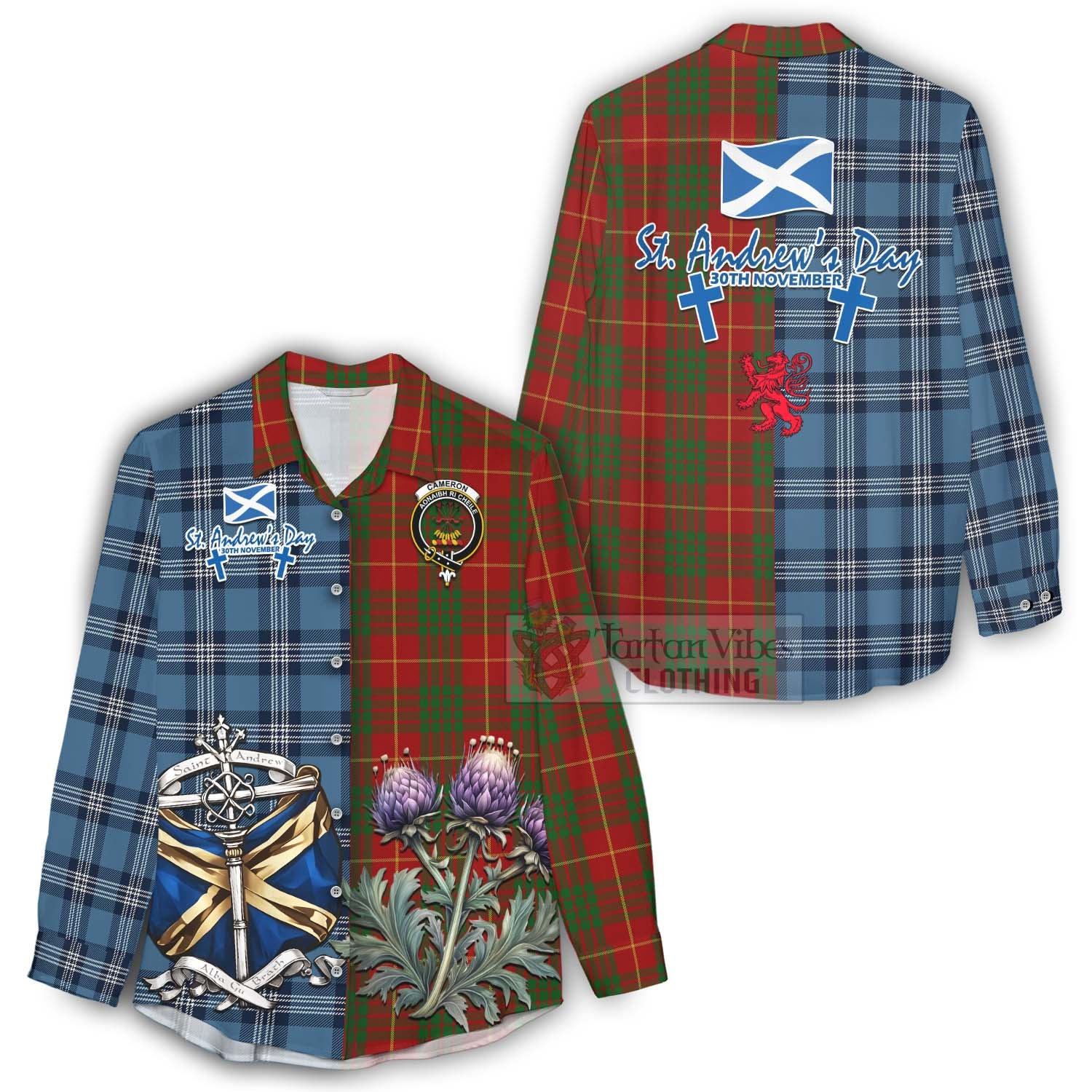 Tartan Vibes Clothing Cameron Tartan Women's Casual Shirt Happy St. Andrew's Day Half Tartan Style