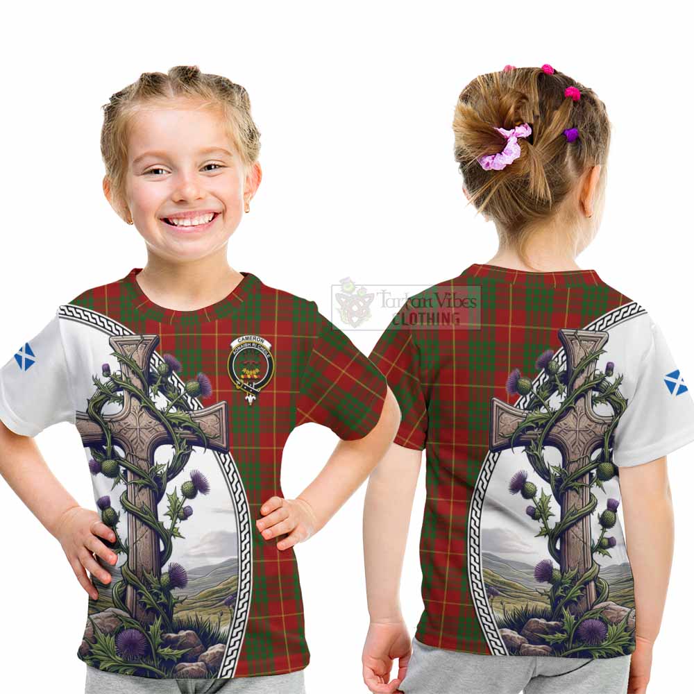 Tartan Vibes Clothing Cameron Tartan Kid T-Shirt with Family Crest and St. Andrew's Cross Accented by Thistle Vines