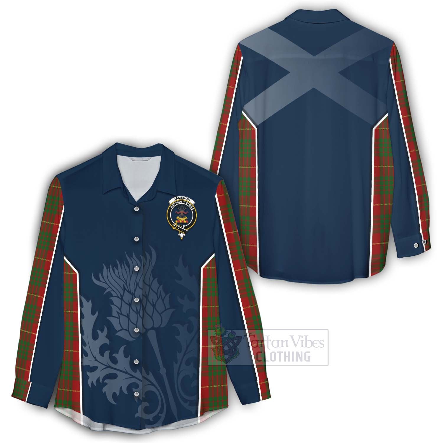 Tartan Vibes Clothing Cameron Tartan Women's Casual Shirt with Family Crest and Scottish Thistle Vibes Sport Style