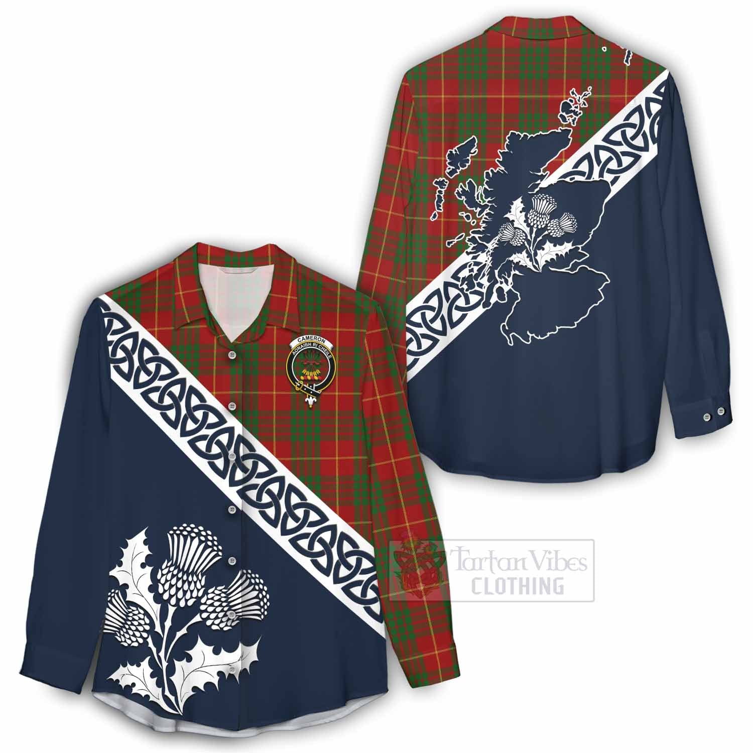 Tartan Vibes Clothing Cameron Tartan Women's Casual Shirt Featuring Thistle and Scotland Map