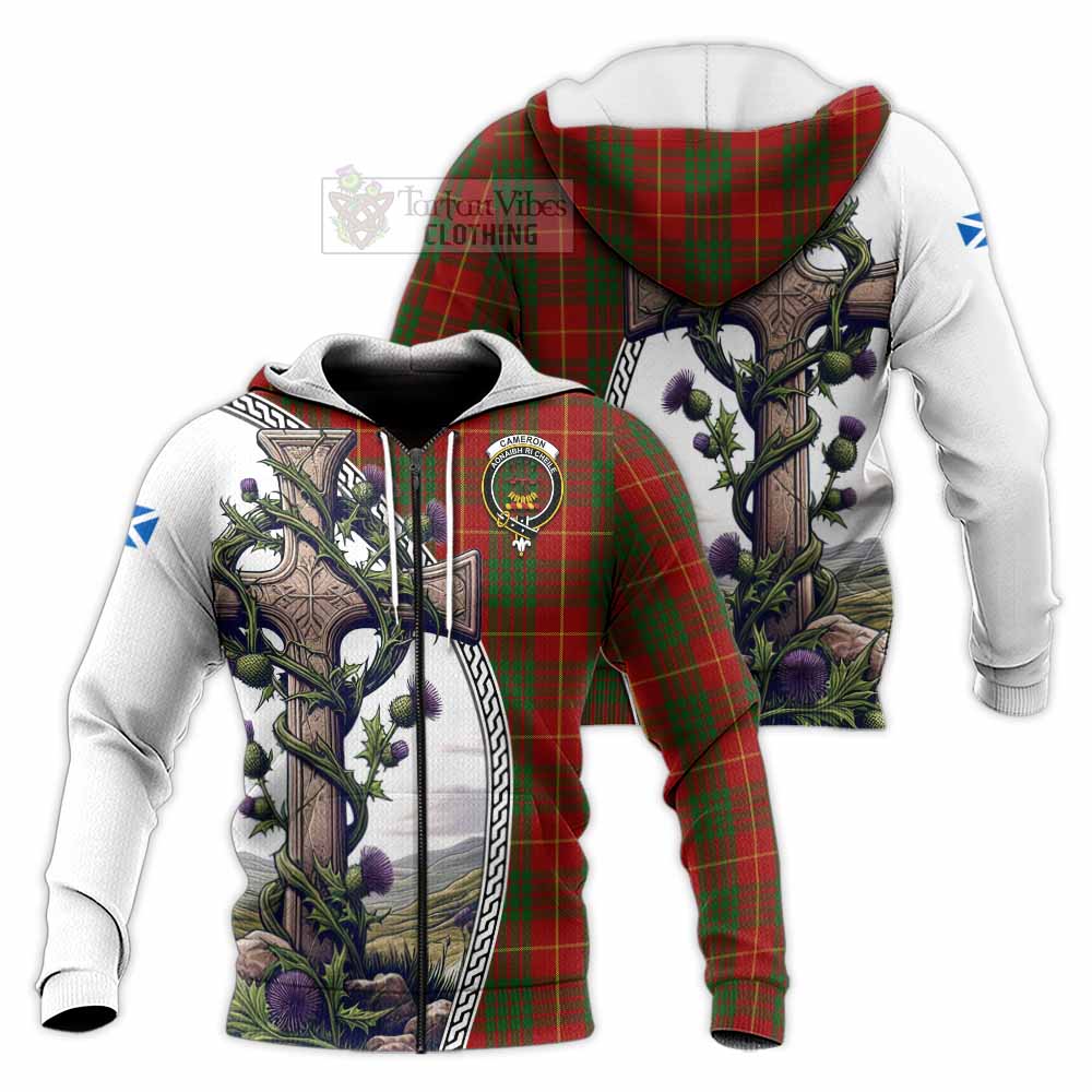 Tartan Vibes Clothing Cameron Tartan Knitted Hoodie with Family Crest and St. Andrew's Cross Accented by Thistle Vines