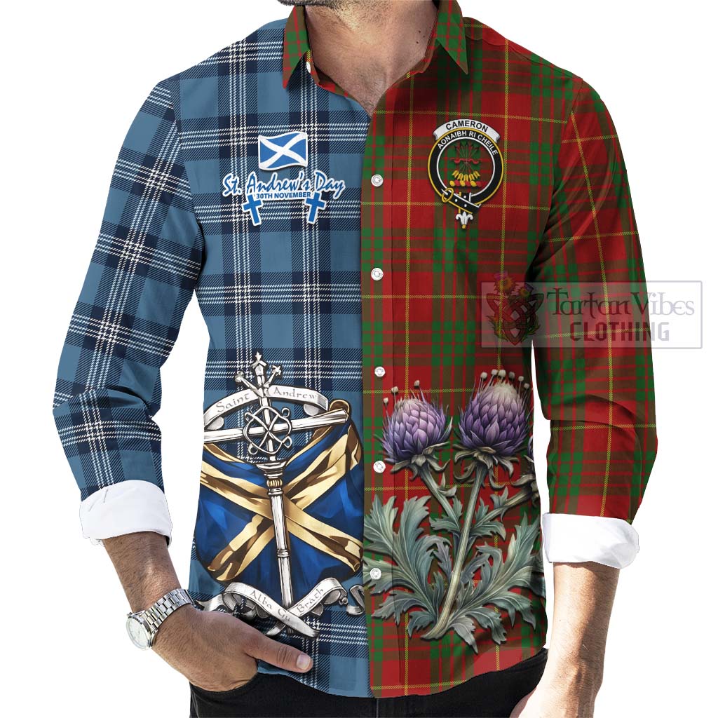 Tartan Vibes Clothing Cameron Tartan Long Sleeve Button Shirt Happy St. Andrew's Day Half Tartan Style