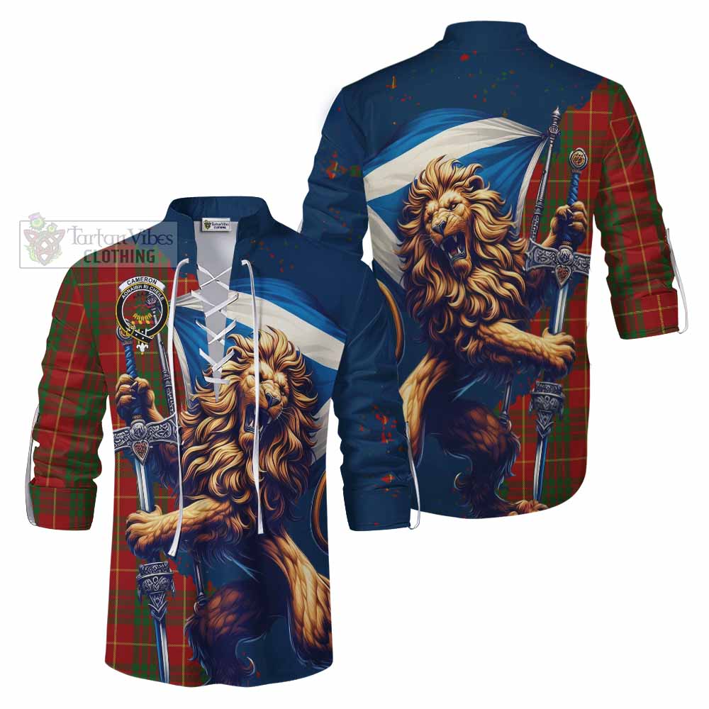 Tartan Vibes Clothing Cameron Tartan Family Crest Ghillie Kilt Shirt with Scottish Majestic Lion