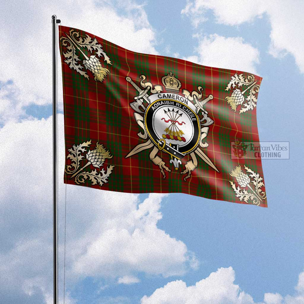 Tartan Vibes Clothing Cameron Tartan Flag with Family Crest and Golden Thistle Crossed Sword Design