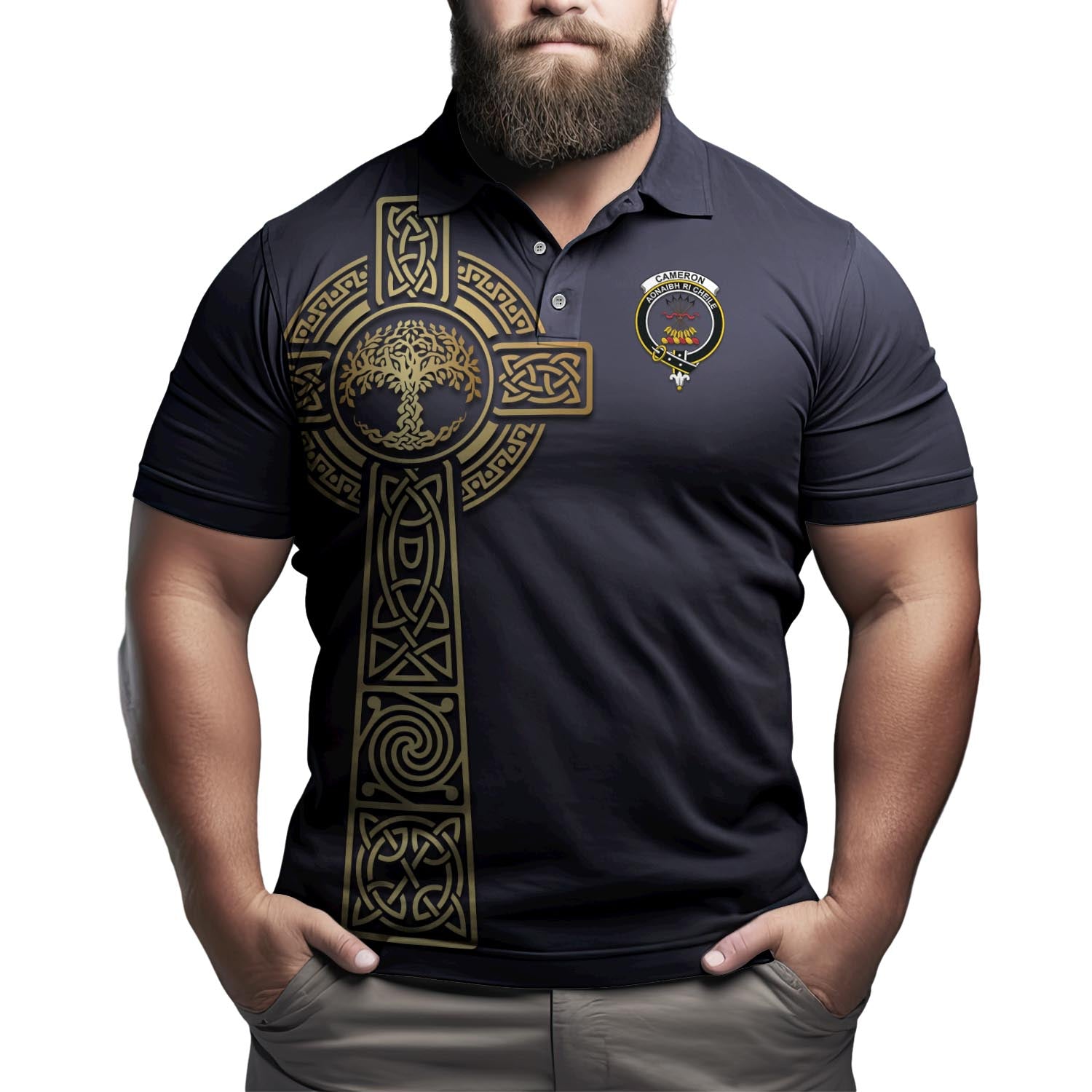 Cameron Clan Polo Shirt with Golden Celtic Tree Of Life - Tartanvibesclothing