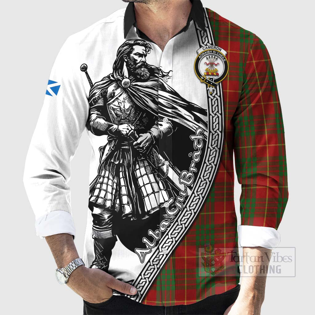 Tartan Vibes Clothing Cameron Tartan Clan Crest Long Sleeve Button Shirt with Highlander Warrior Celtic Style