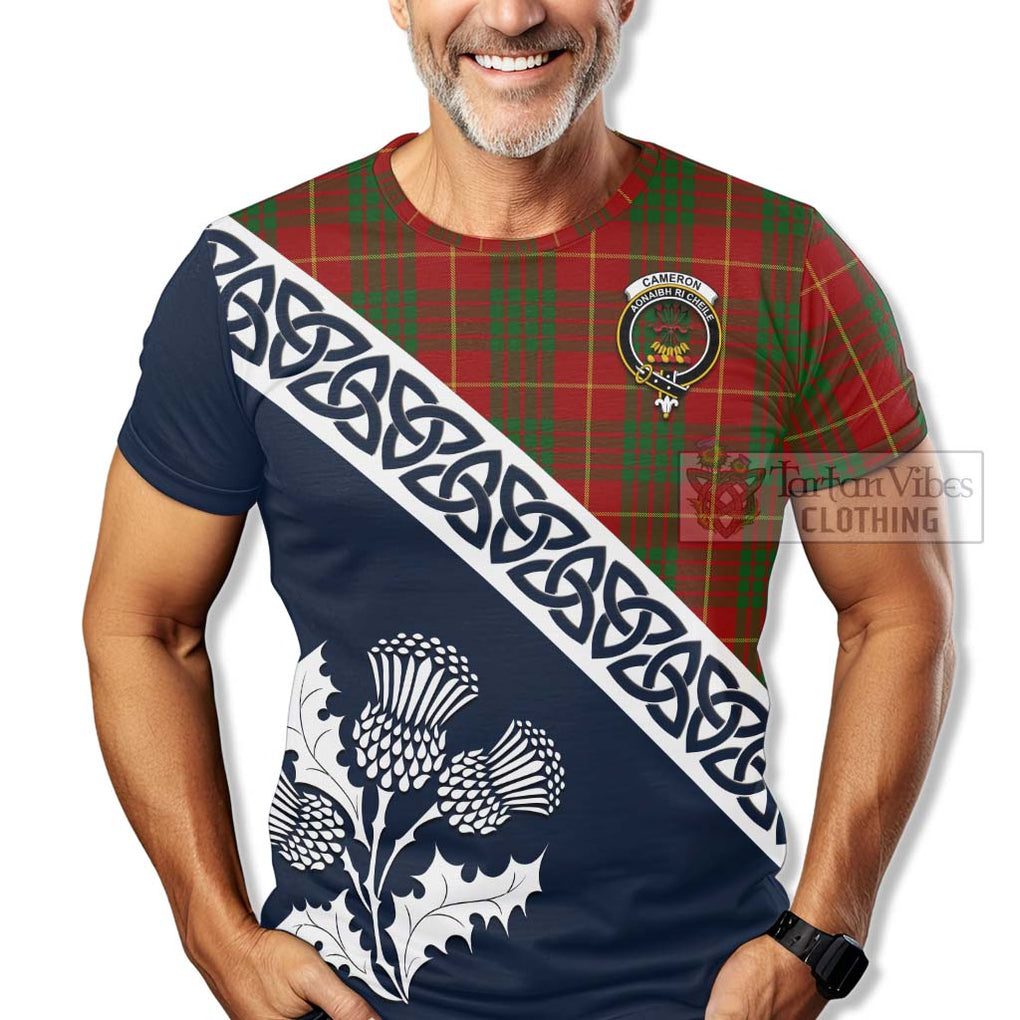 Cameron Tartan T-Shirt Featuring Thistle and Scotland Map