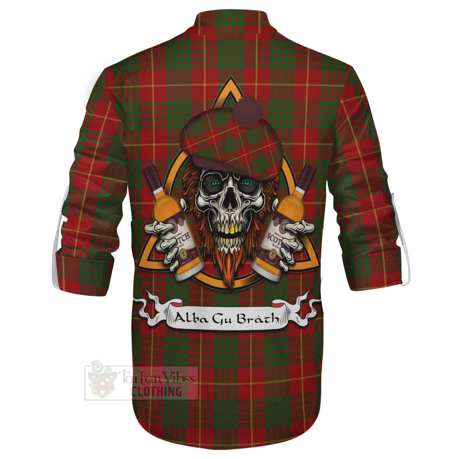 Tartan Vibes Clothing Cameron Tartan Ghillie Kilt Shirt with Family Crest and Bearded Skull Holding Bottles of Whiskey