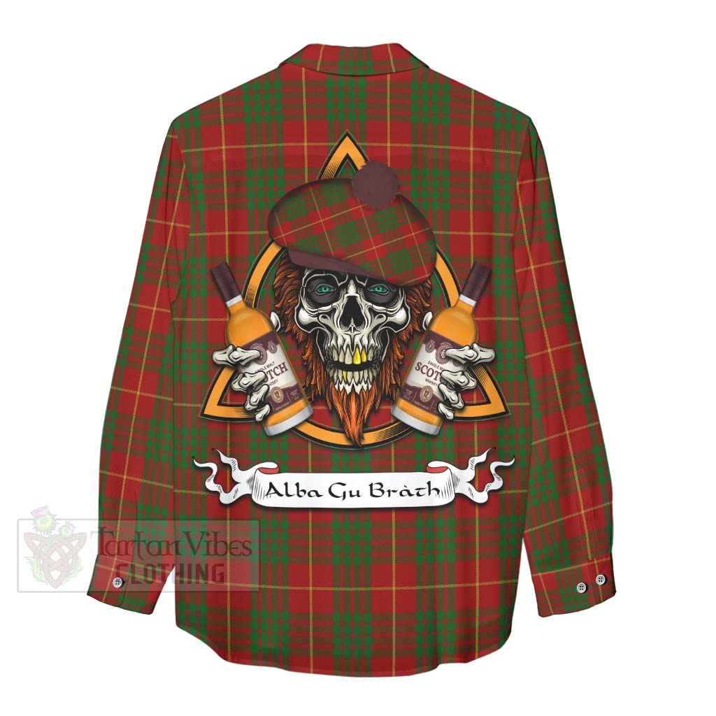 Tartan Vibes Clothing Cameron Tartan Women's Casual Shirt with Family Crest and Bearded Skull Holding Bottles of Whiskey