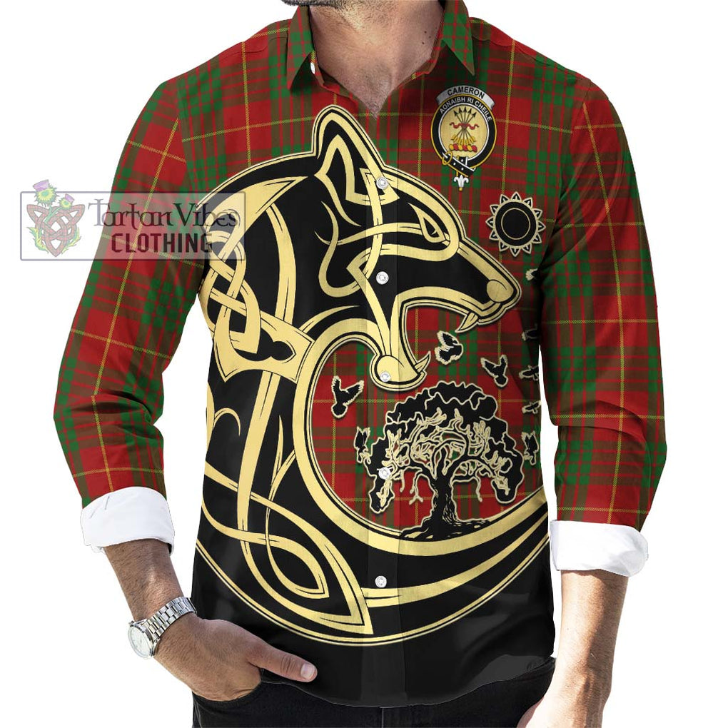 Cameron Tartan Long Sleeve Button Shirt with Family Crest Celtic Wolf Style - Tartan Vibes Clothing