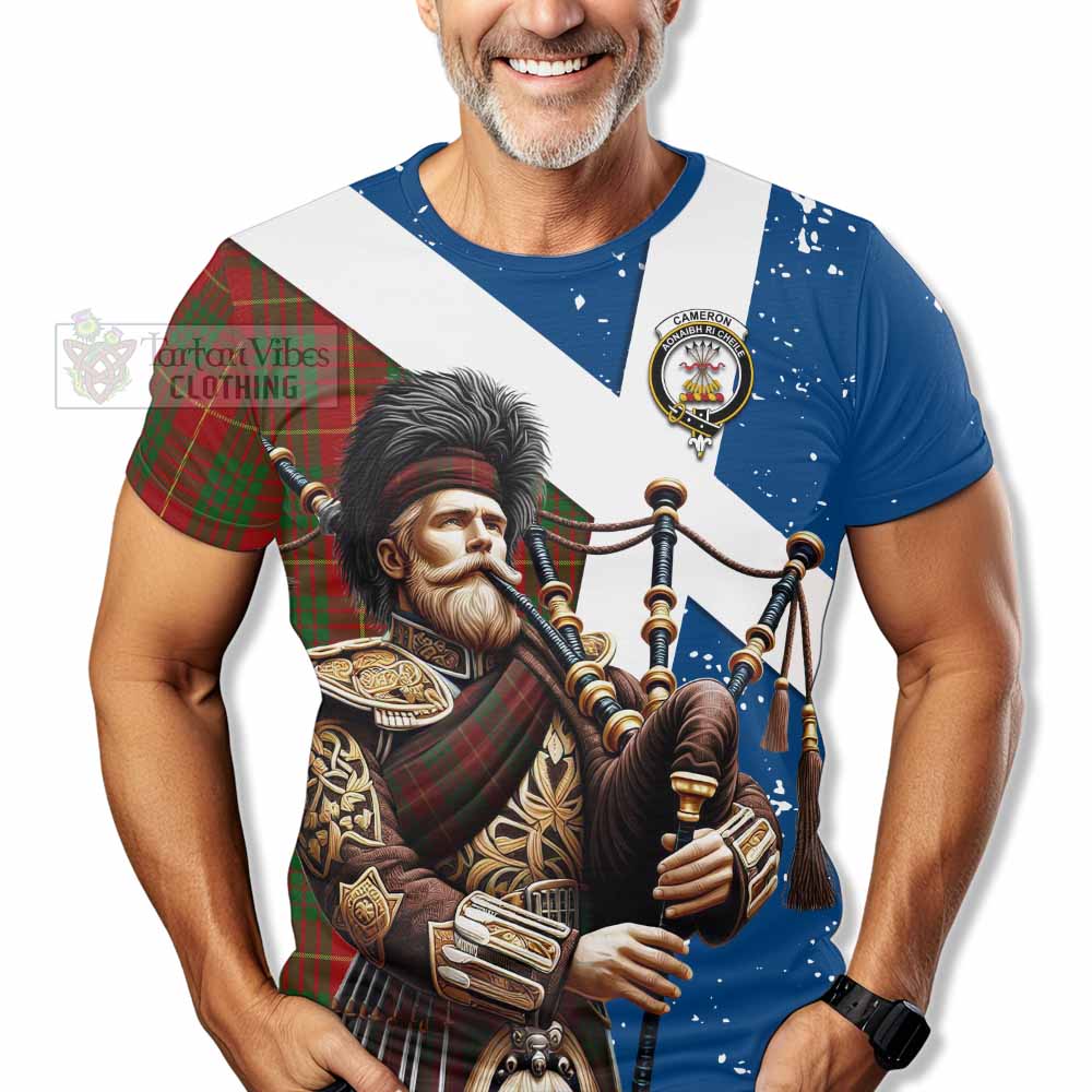 Tartan Vibes Clothing Cameron Tartan T-Shirt with Family Crest Scottish Bagpiper Vibes