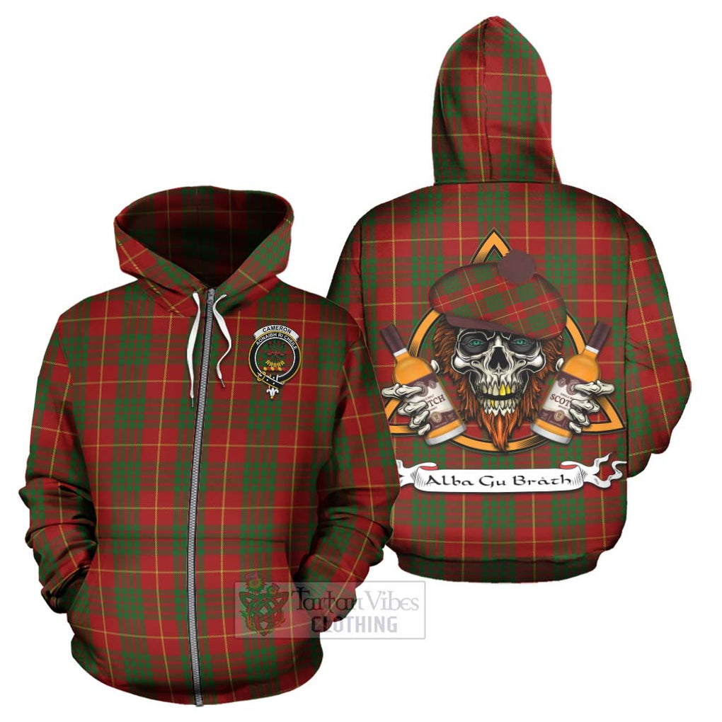 Tartan Vibes Clothing Cameron Tartan Hoodie with Family Crest and Bearded Skull Holding Bottles of Whiskey