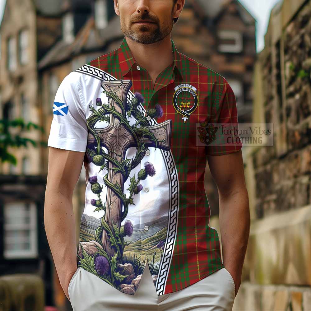 Tartan Vibes Clothing Cameron Tartan Short Sleeve Button Shirt with Family Crest and St. Andrew's Cross Accented by Thistle Vines