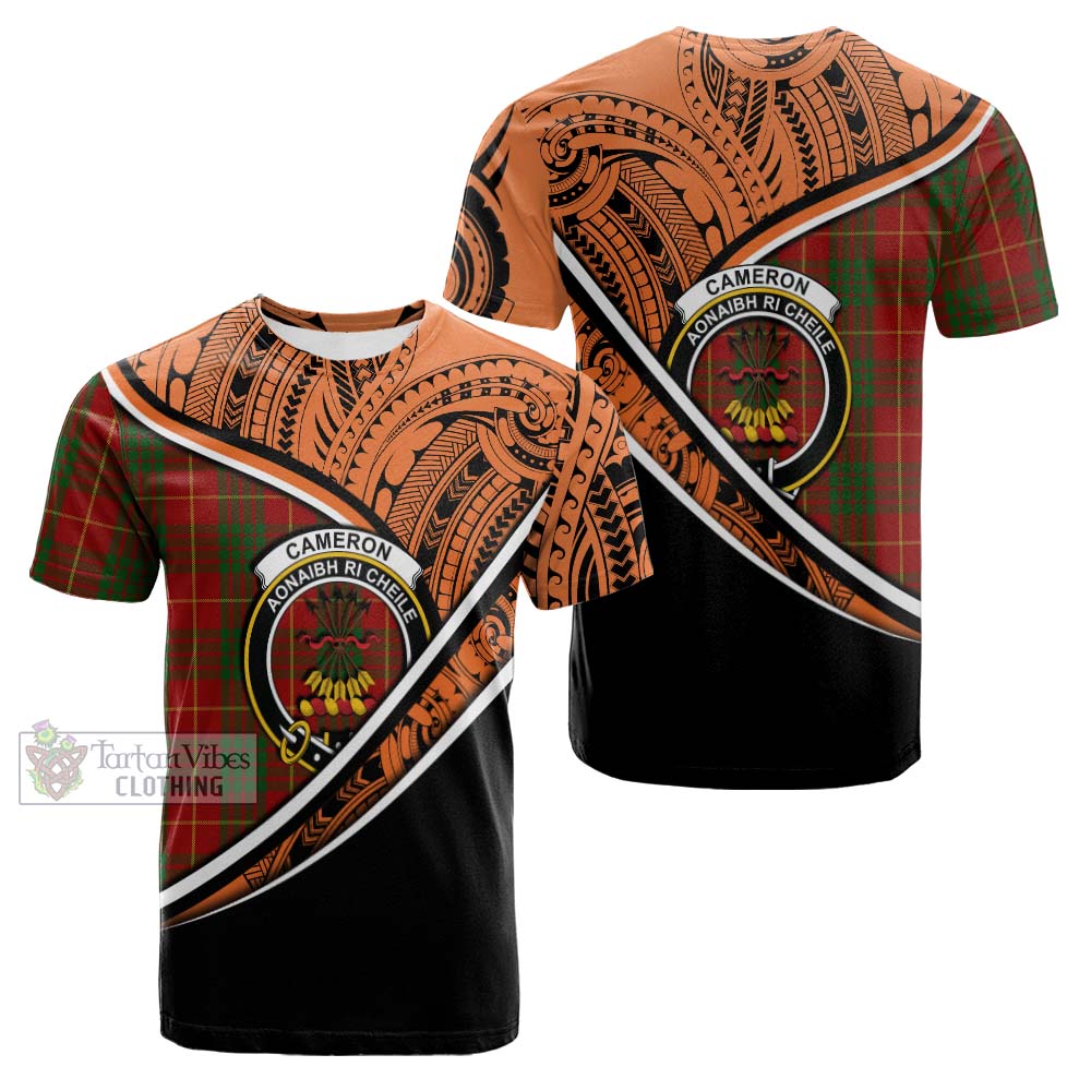 Tartan Vibes Clothing Cameron Crest Tartan Cotton T-shirt with Maori Tattoo Style - Orange Version