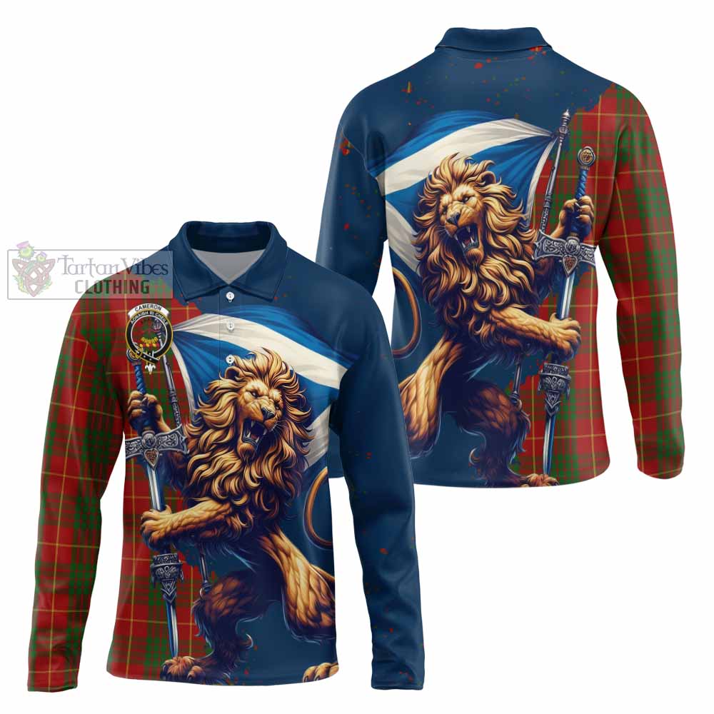 Tartan Vibes Clothing Cameron Tartan Family Crest Long Sleeve Polo Shirt with Scottish Majestic Lion