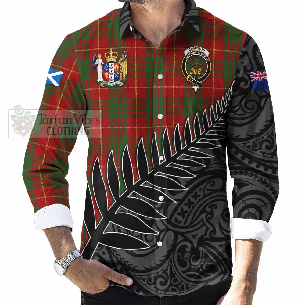 Tartan Vibes Clothing Cameron Crest Tartan Long Sleeve Button Shirt with New Zealand Silver Fern Half Style