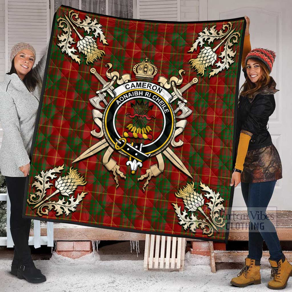 Tartan Vibes Clothing Cameron Tartan Quilt with Family Crest and Scottish Golden Courage Shield