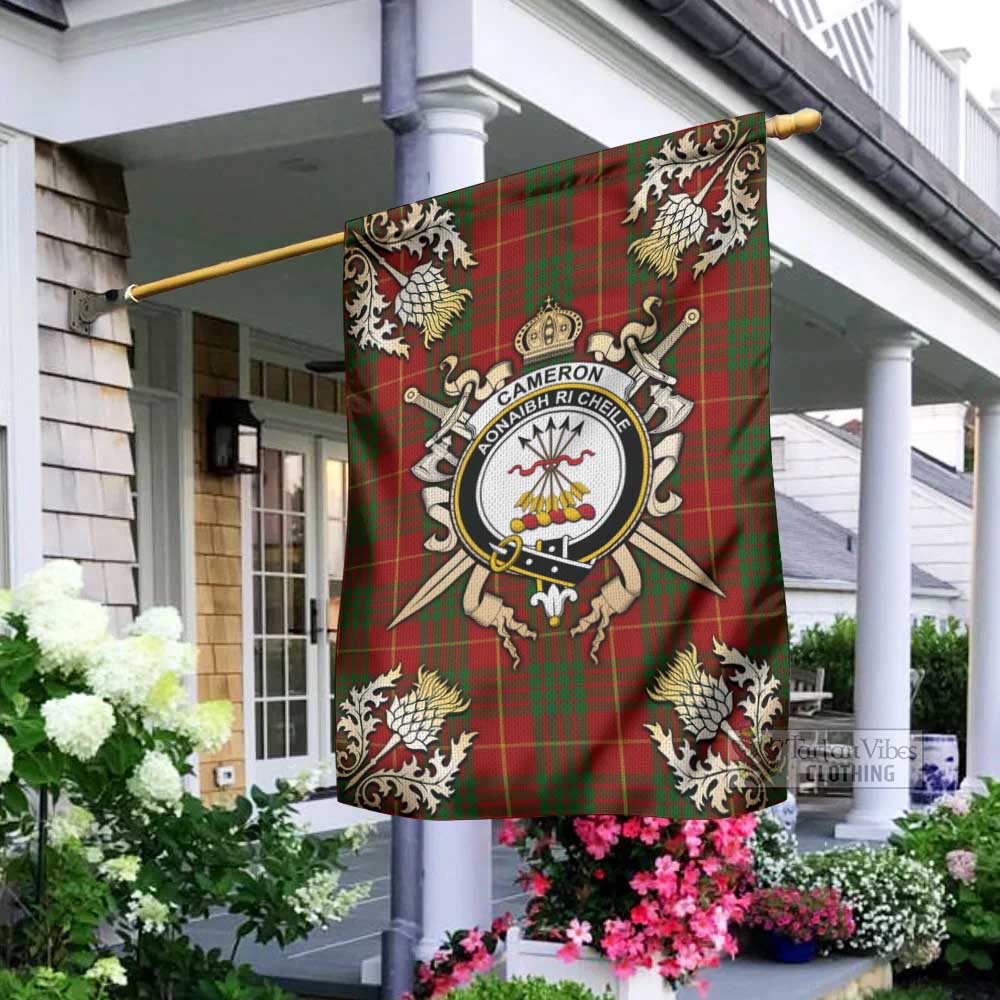 Tartan Vibes Clothing Cameron Tartan Flag with Family Crest and Golden Thistle Crossed Sword Design