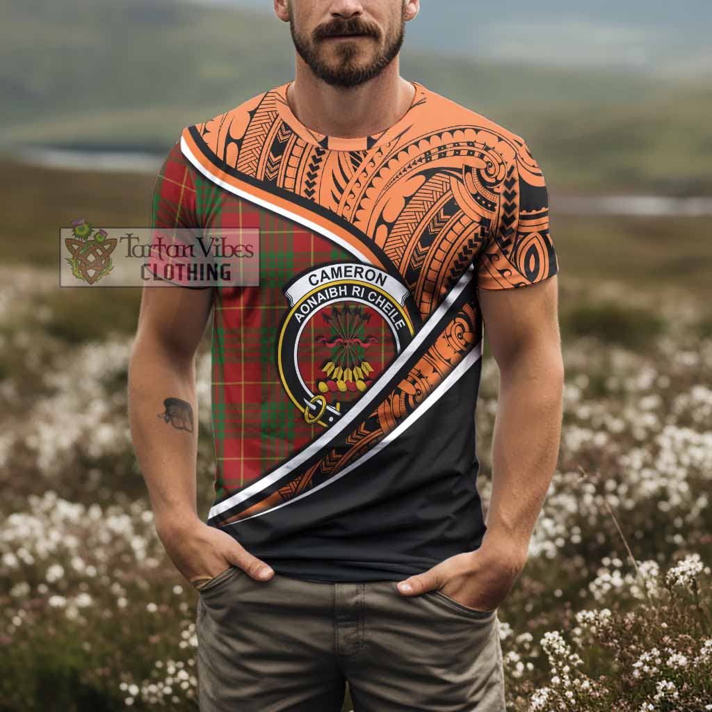 Tartan Vibes Clothing Cameron Crest Tartan T-Shirt with Maori Tattoo Style - Orange Version