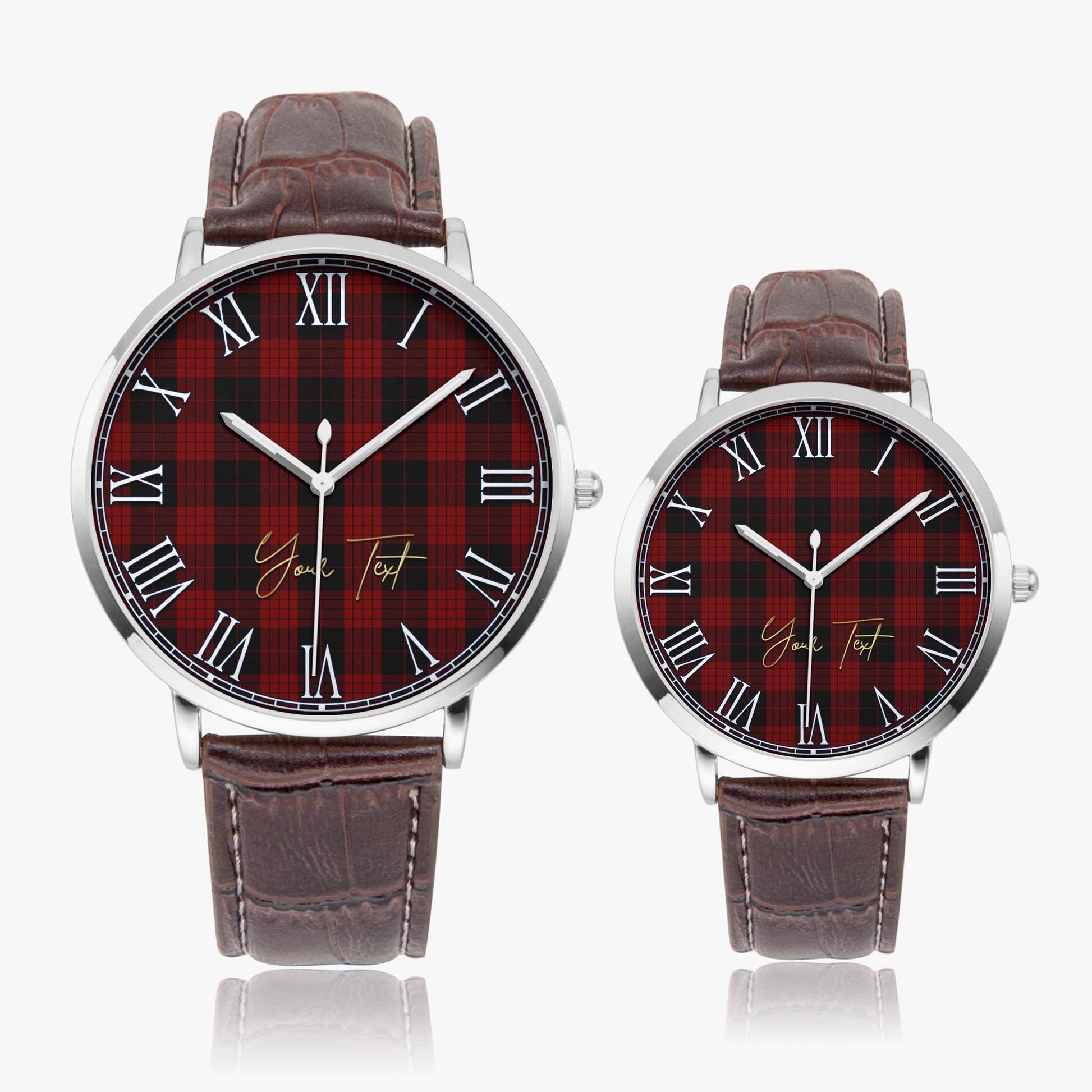 Cameron Black and Red Tartan Personalized Your Text Leather Trap Quartz Watch Ultra Thin Silver Case With Brown Leather Strap - Tartanvibesclothing