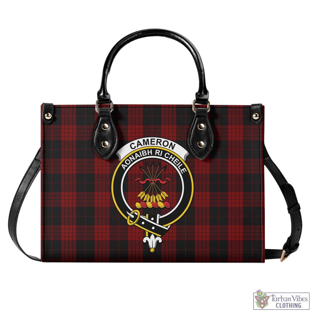 Tartan Vibes Clothing Cameron Black and Red Tartan Luxury Leather Handbags with Family Crest