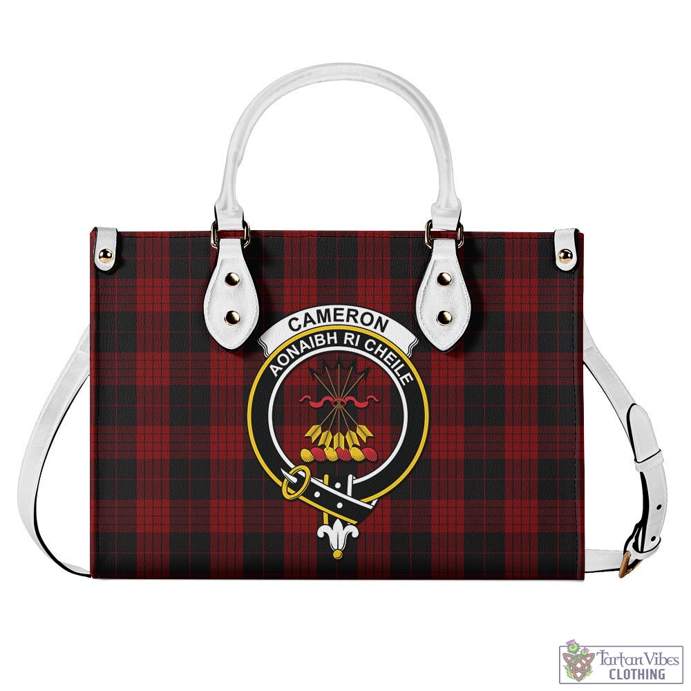 Tartan Vibes Clothing Cameron Black and Red Tartan Luxury Leather Handbags with Family Crest