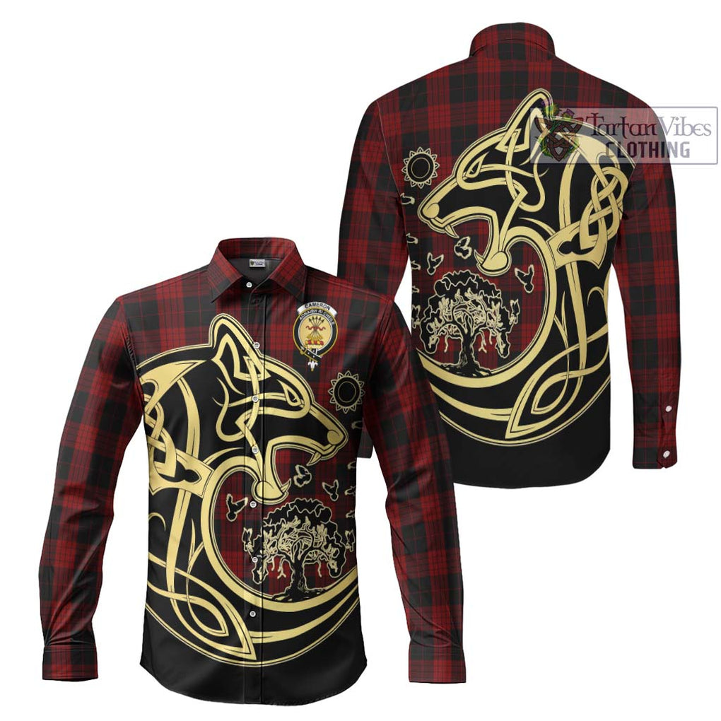 Cameron Black and Red Tartan Long Sleeve Button Shirt with Family Crest Celtic Wolf Style Men's Shirt S - Tartan Vibes Clothing