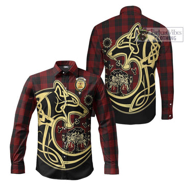 Cameron Black and Red Tartan Long Sleeve Button Shirt with Family Crest Celtic Wolf Style