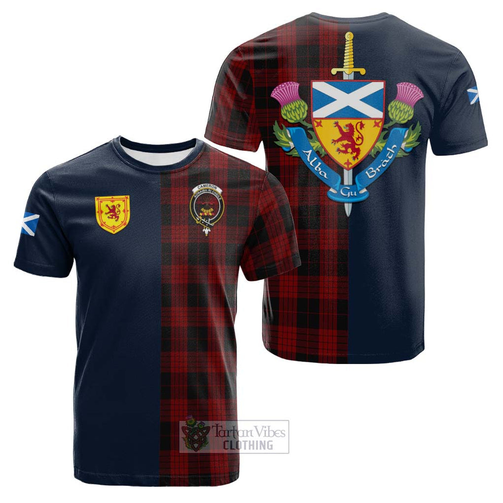 Tartan Vibes Clothing Cameron Black and Red Tartan Cotton T-shirt with Scottish Lion Royal Arm Half Style