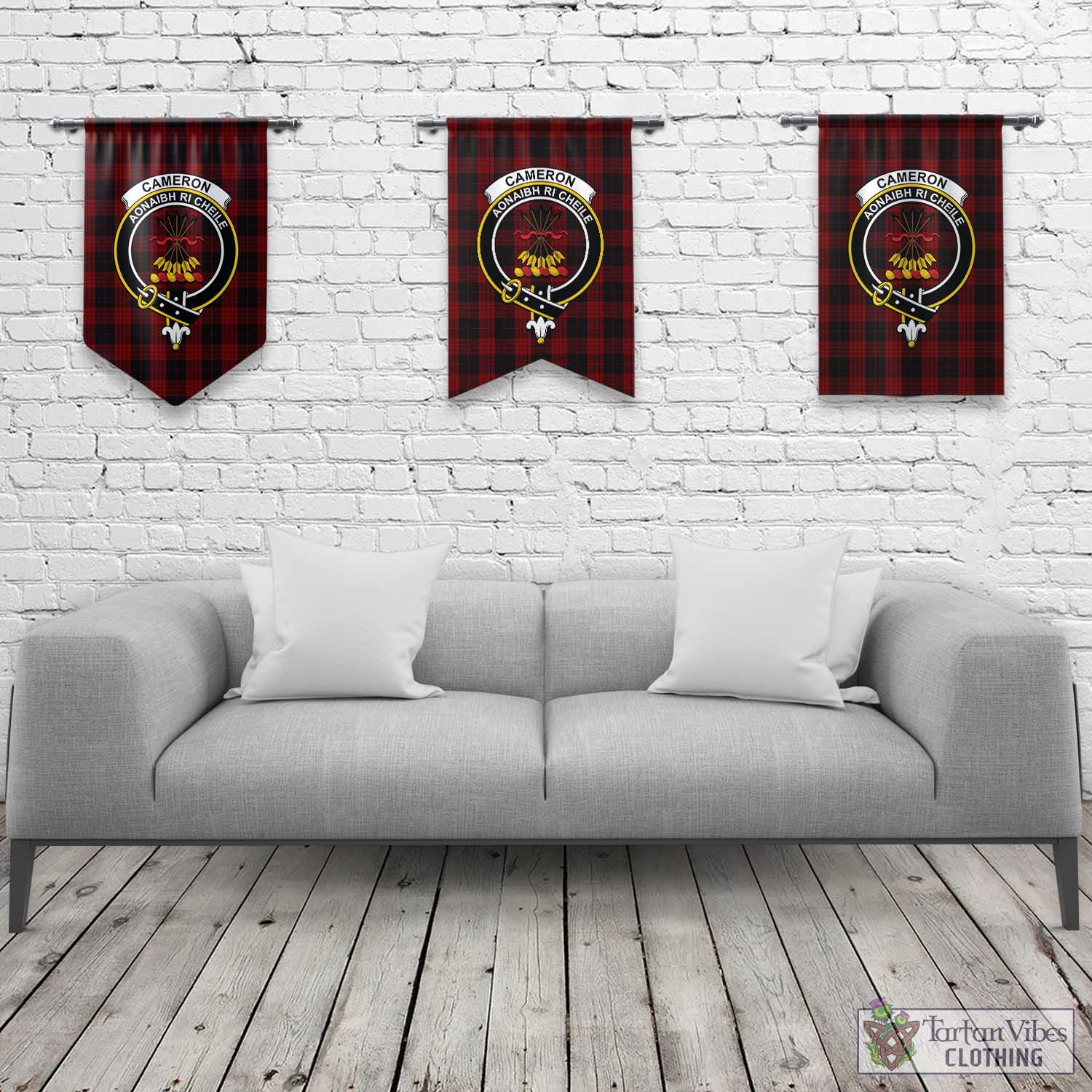 Tartan Vibes Clothing Cameron Black and Red Tartan Gonfalon, Tartan Banner with Family Crest