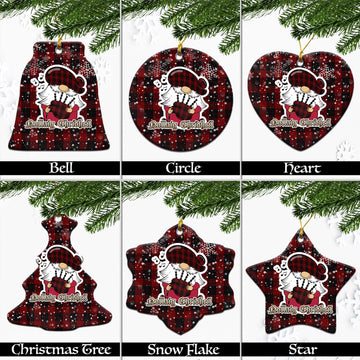 Cameron Black and Red Tartan Christmas Ceramic Ornaments with Scottish Gnome Playing Bagpipes