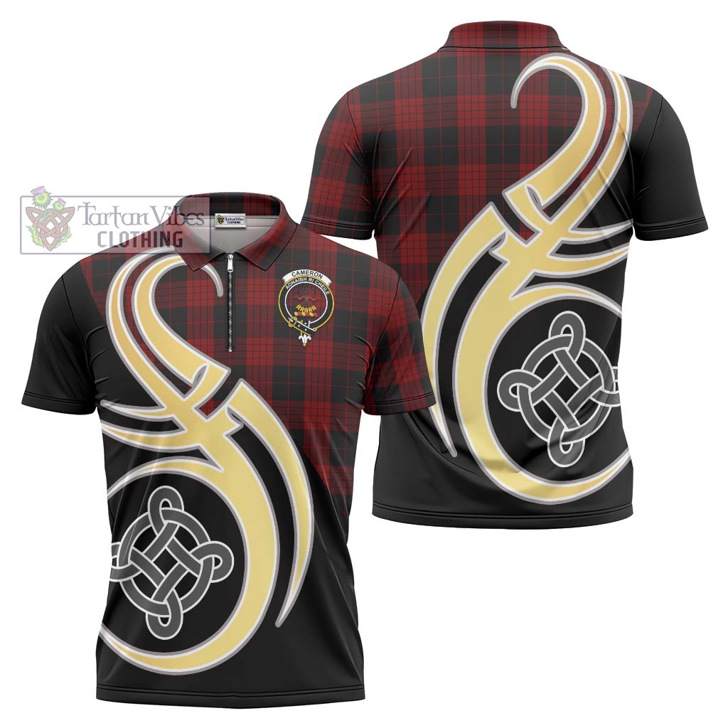 Tartan Vibes Clothing Cameron Black and Red Tartan Zipper Polo Shirt with Family Crest and Celtic Symbol Style