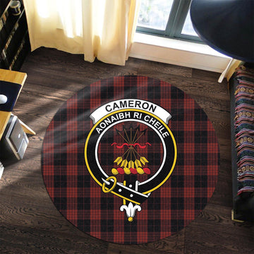 Cameron Black and Red Tartan Round Rug with Family Crest