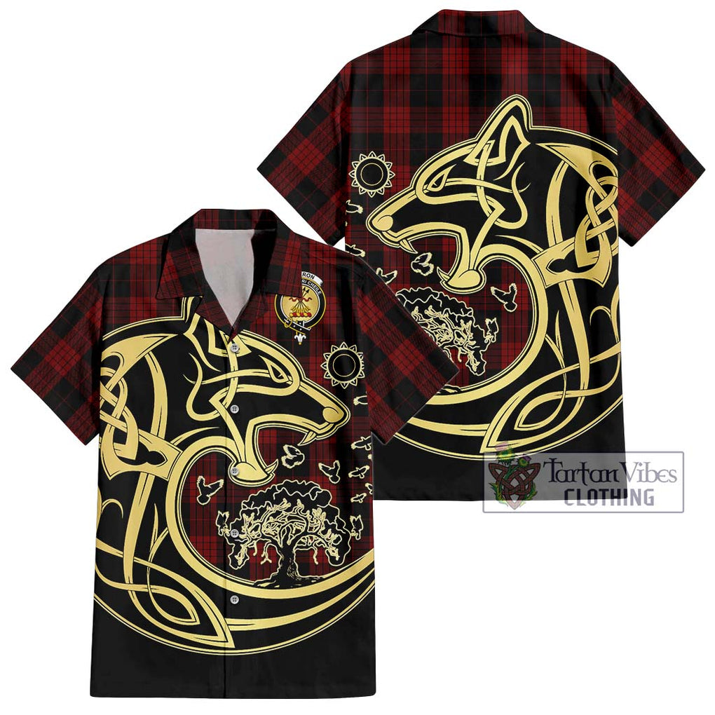 Cameron Black and Red Tartan Short Sleeve Button Shirt with Family Crest Celtic Wolf Style Kid - Tartan Vibes Clothing