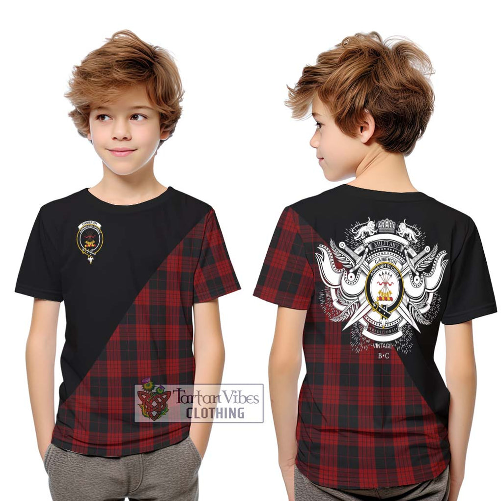 Cameron Black and Red Tartan Kid T-Shirt with Family Crest and Military Logo Style Youth XL Size14 - Tartanvibesclothing Shop