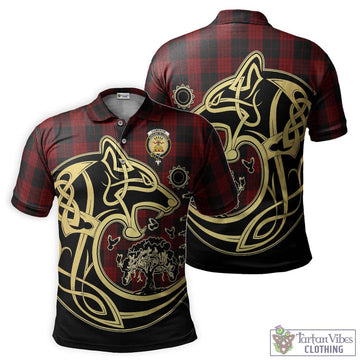 Cameron Black and Red Tartan Polo Shirt with Family Crest Celtic Wolf Style