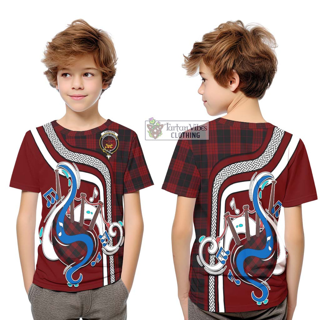 Tartan Vibes Clothing Cameron Black and Red Tartan Kid T-Shirt with Epic Bagpipe Style