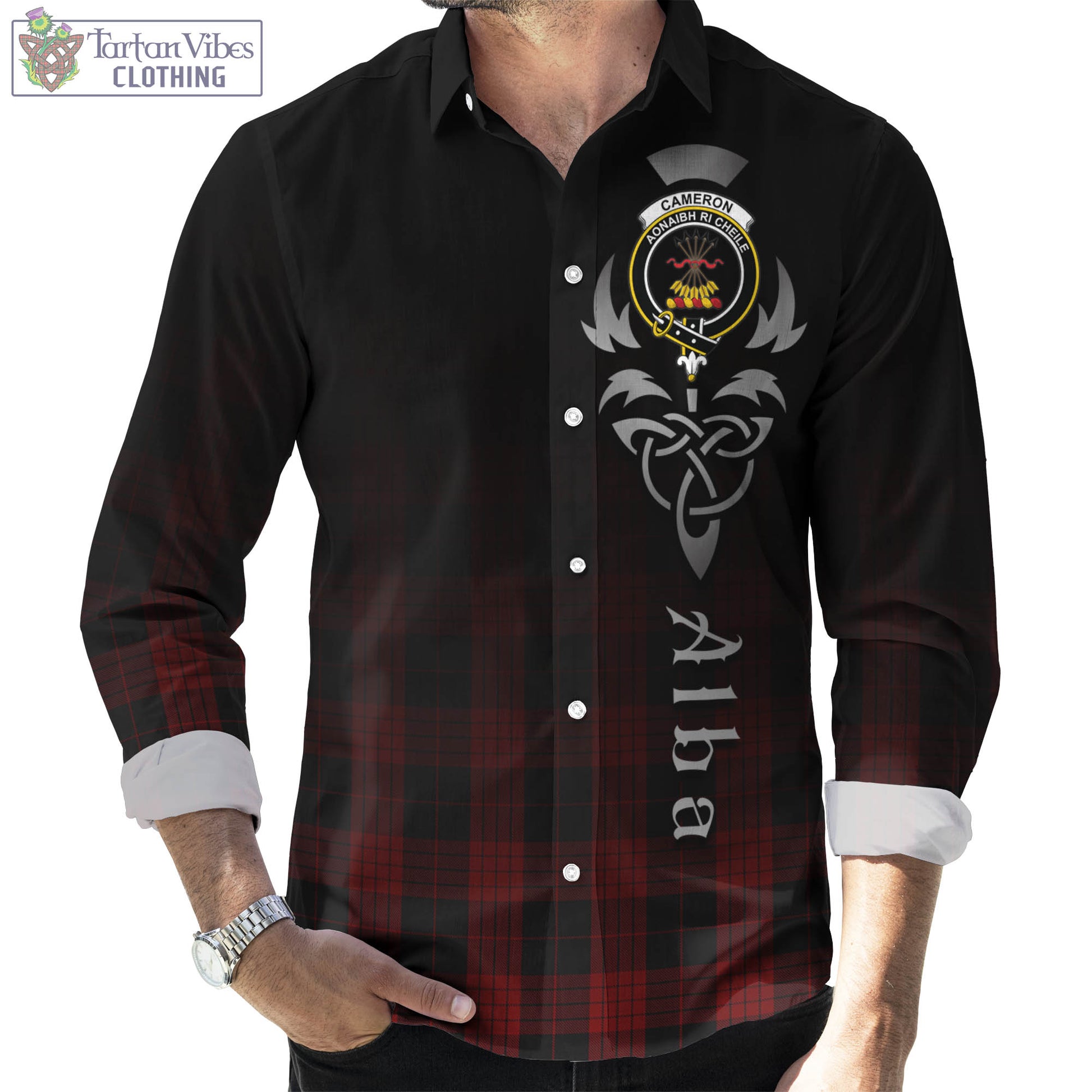 Tartan Vibes Clothing Cameron Black and Red Tartan Long Sleeve Button Up Featuring Alba Gu Brath Family Crest Celtic Inspired