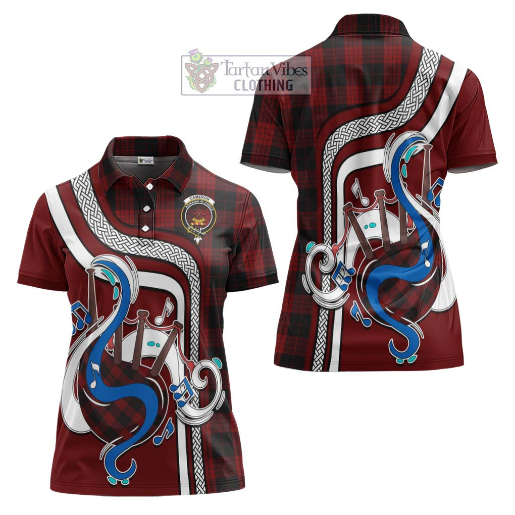 Cameron Black and Red Tartan Women's Polo Shirt with Epic Bagpipe Style Women - Tartanvibesclothing Shop