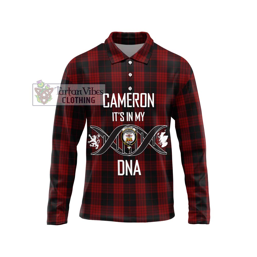 Cameron Black and Red Tartan Long Sleeve Polo Shirt with Family Crest DNA In Me Style Unisex - Tartanvibesclothing Shop