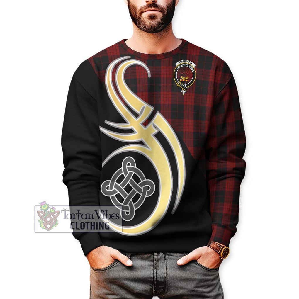 Cameron Black and Red Tartan Sweatshirt with Family Crest and Celtic Symbol Style Unisex - Tartan Vibes Clothing