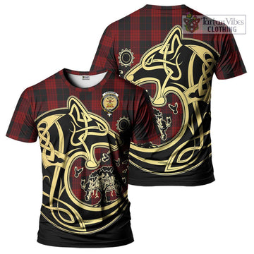 Cameron Black and Red Tartan T-Shirt with Family Crest Celtic Wolf Style