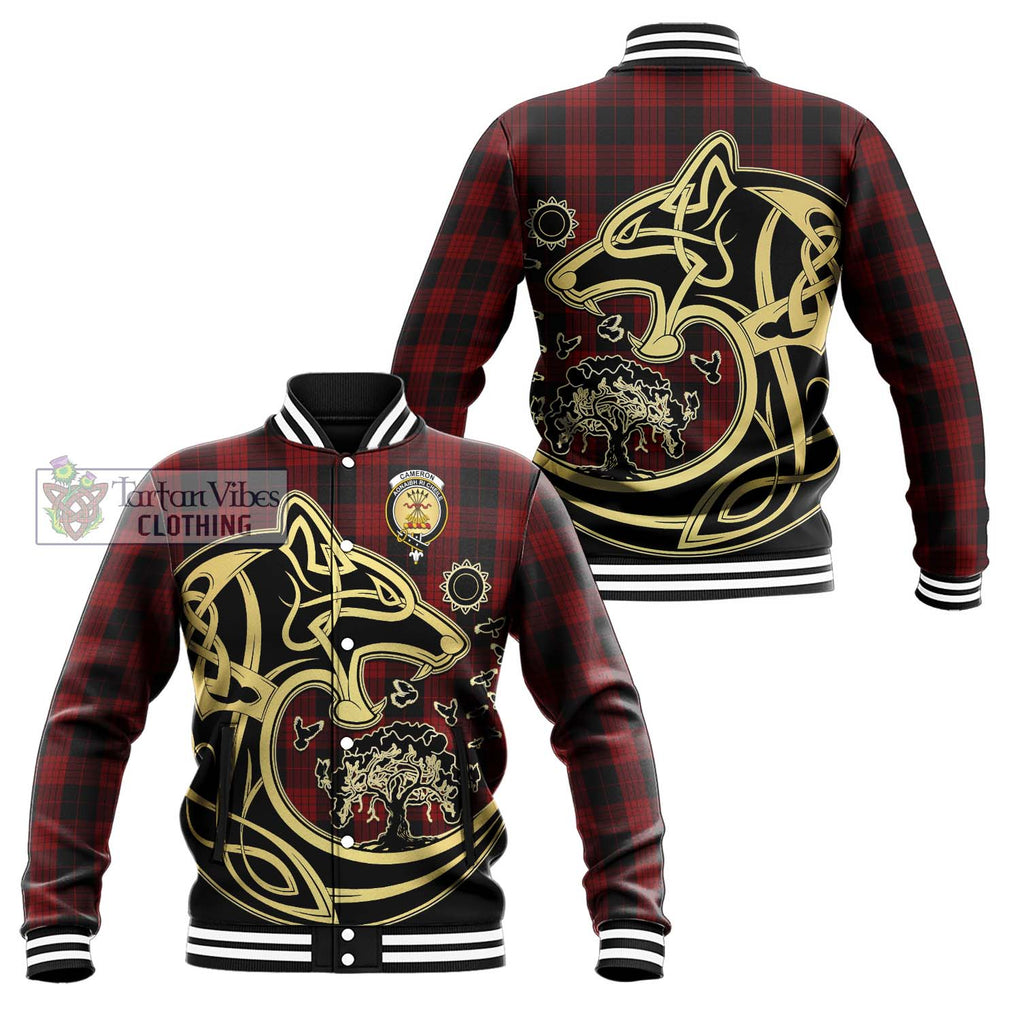 Cameron Black and Red Tartan Baseball Jacket with Family Crest Celtic Wolf Style Unisex - Tartan Vibes Clothing