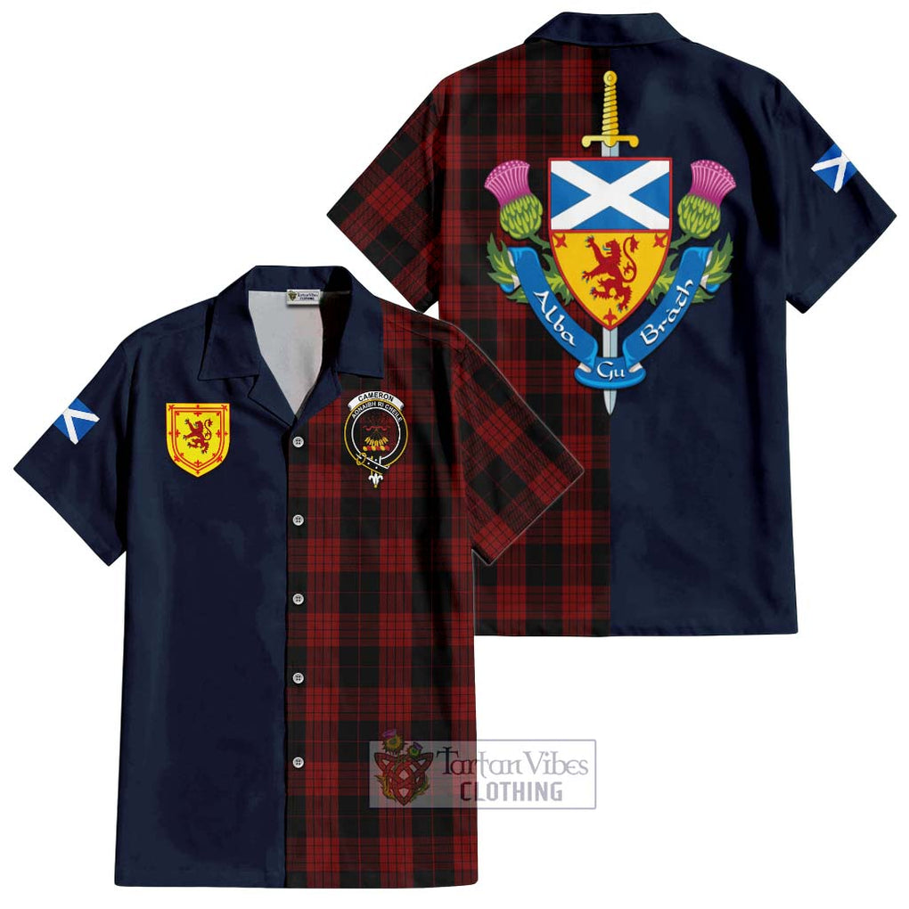 Tartan Vibes Clothing Cameron Black and Red Tartan Short Sleeve Button Shirt with Scottish Lion Royal Arm Half Style