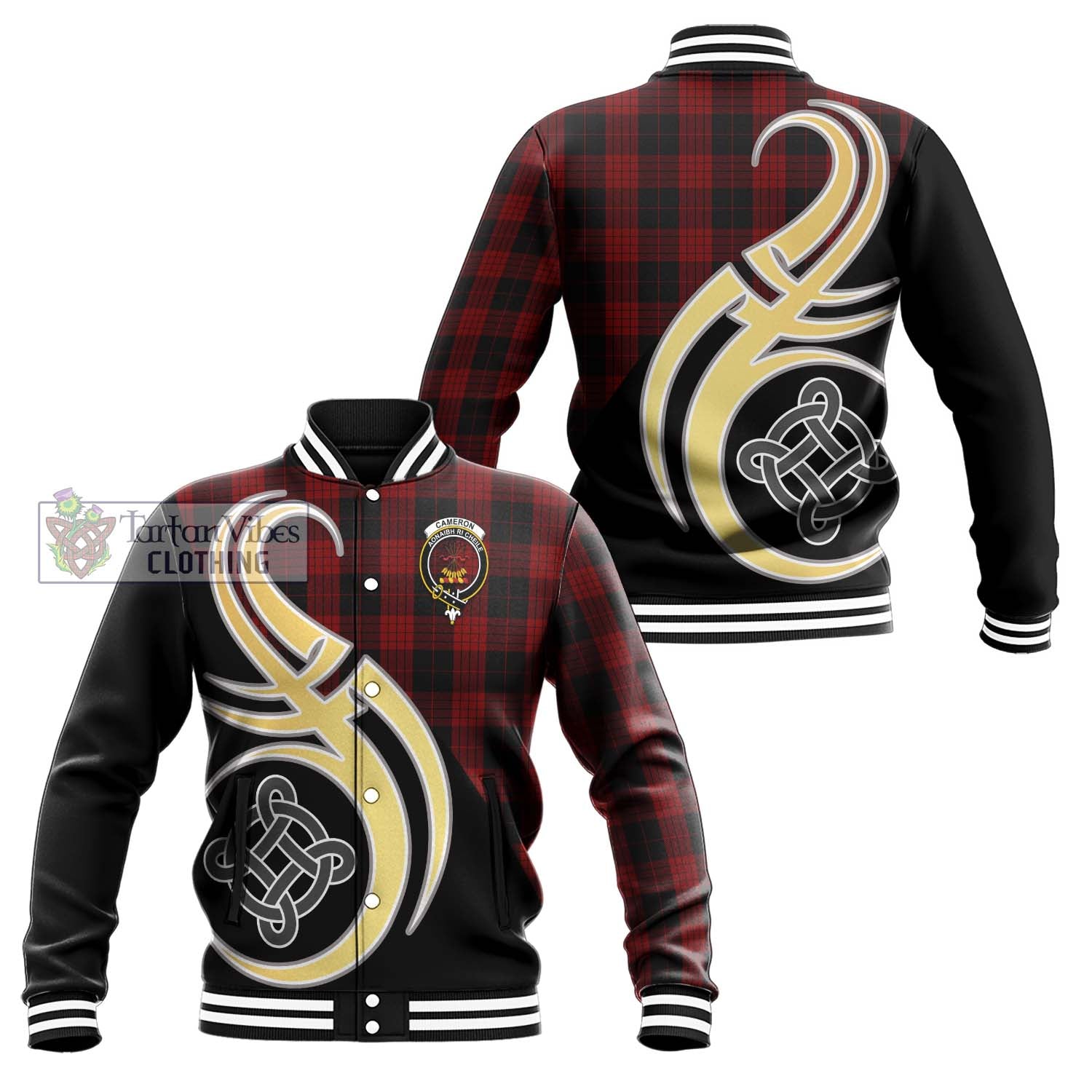 Cameron Black and Red Tartan Baseball Jacket with Family Crest and Celtic Symbol Style Unisex - Tartan Vibes Clothing