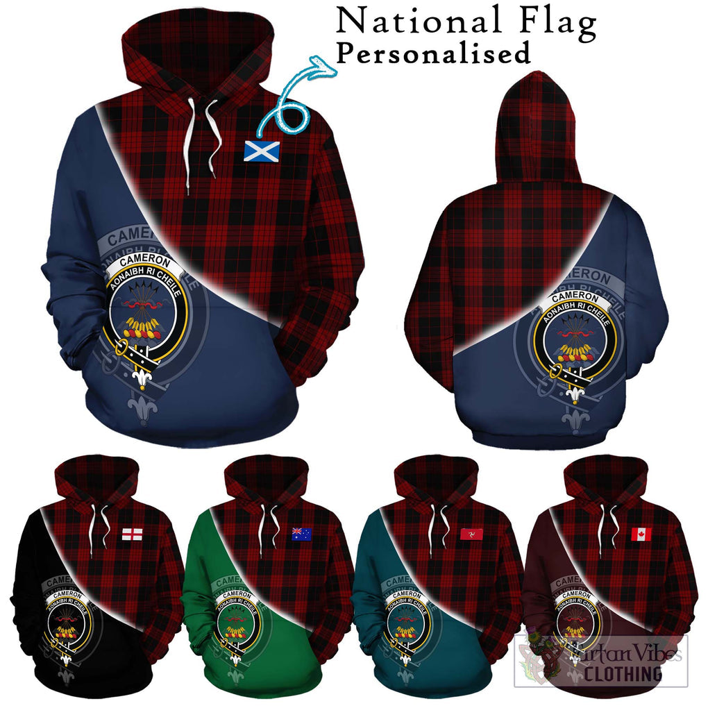 Cameron Black and Red Tartan Hoodie with Personalised National Flag and Family Crest Half Style Zip Hoodie - Tartanvibesclothing Shop