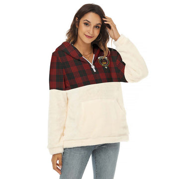 Cameron Black and Red Tartan Women's Borg Fleece Hoodie With Half Zip with Family Crest