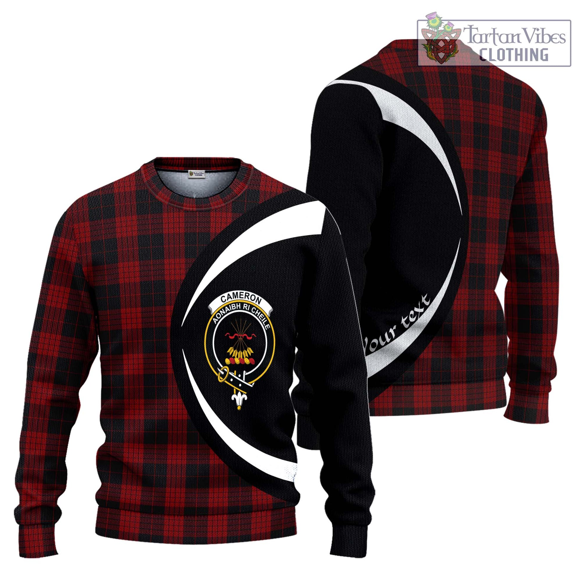 Cameron Black and Red Tartan Ugly Sweater with Family Crest Circle Style Unisex - Tartan Vibes Clothing